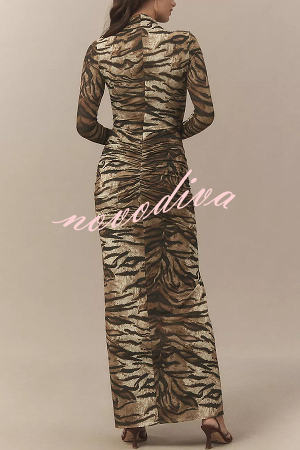 Winston Animal Print High-neck Long Sleeve Ruched Hip Stretch Maxi Dress