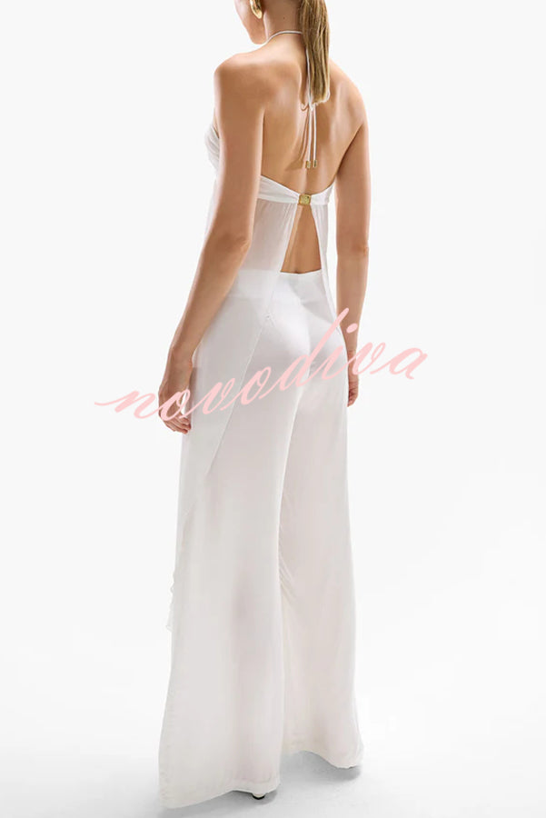 Lily Metal Flower Front Slit Halter Midi Top and V-waist Wide Leg Pants Set