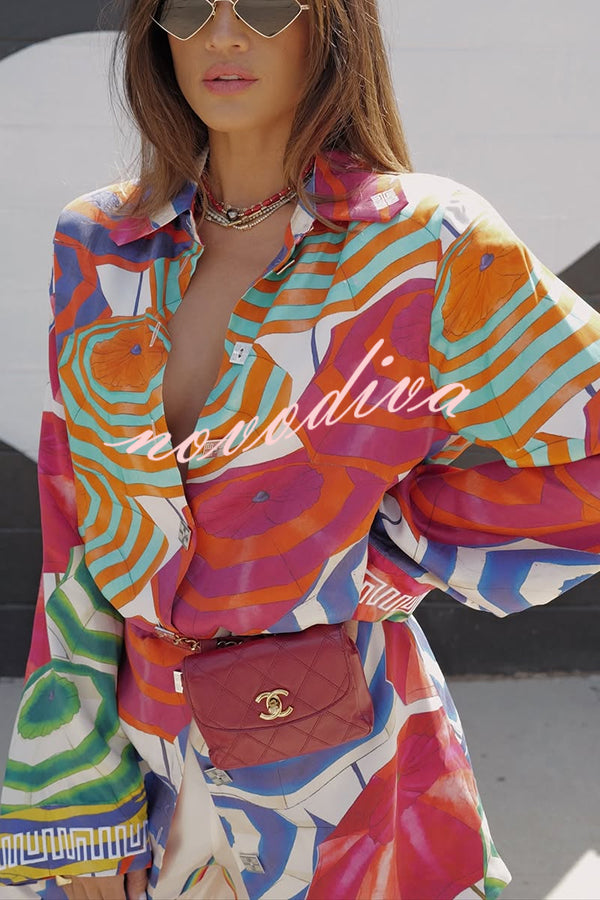 Elouise Satin Color Block Art Print Long Sleeve Button Back Elastic Waist H-line Mini Dress