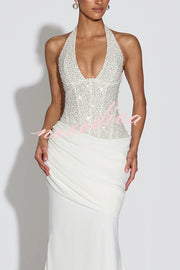 Exclusive Declaration Sequin Halter Neck Back Lace-up Ruched Hem Maxi Dress