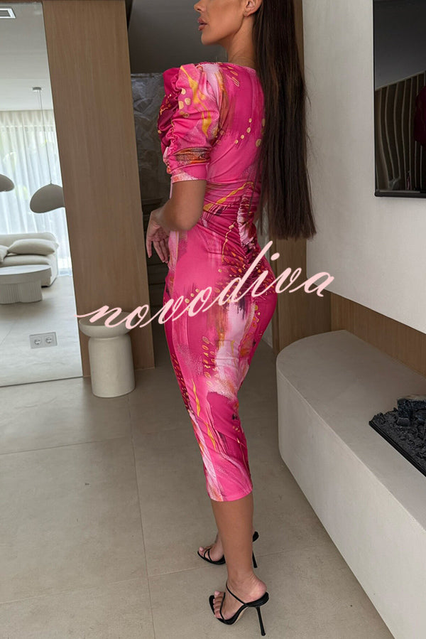 Unique Print V-Neck Puff Sleeve Slit Slim Midi Dress
