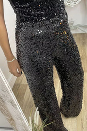 Glitzy Glamour Sequin High Rise Elastic Waist Wide Leg Pants