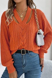 Casual Hollow V-neck Long-sleeved Knitted Sweater