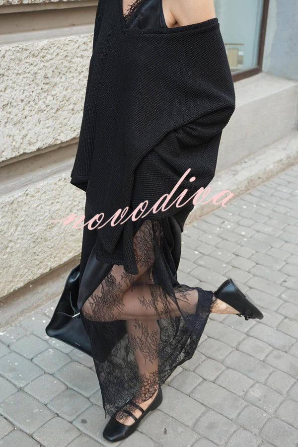 Warm Winter Ribbed Knit V-neck Batwing Sleeve Loose Relaxed Sweater