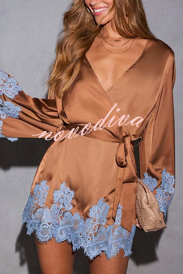 Joyful Bond Satin Lace Trim Contrast Color Bell Sleeve Tie-up Kimono Mini Dress