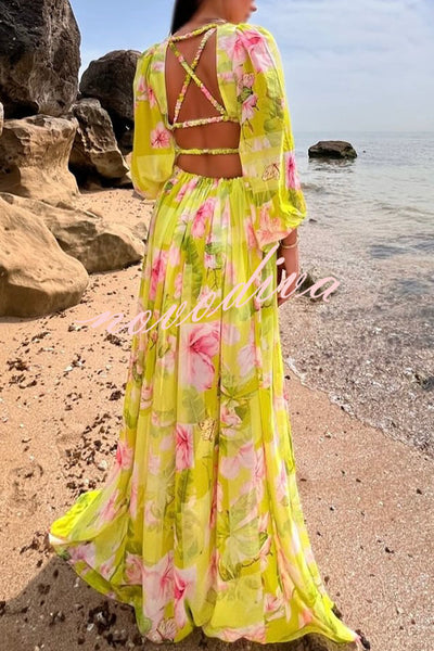 Beach Hour Printed Balloon Sleeve Cutout Back Elastic Lace-up Slit Maxi Dress