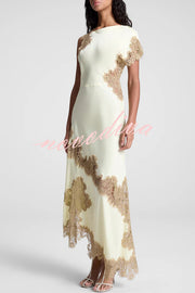 Paris Dream Satin Lace Trim Irregular Design Drape Maxi Dress