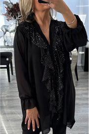 Solid Color Chiffon V-neck Long-sleeved Spliced sequin Casual Shirt