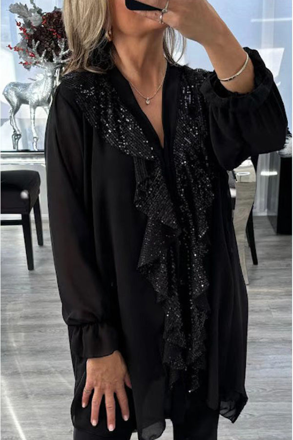 Solid Color Chiffon V-neck Long-sleeved Spliced sequin Casual Shirt