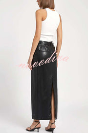 Classic Feel Faux Leather Mid Rise Pocket Slit Stretch Maix Skirt