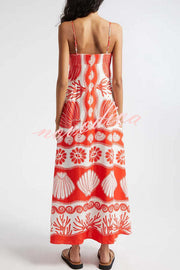 Beautiful Shell Unique Print Front Lace-up Loose  Maxi Dress