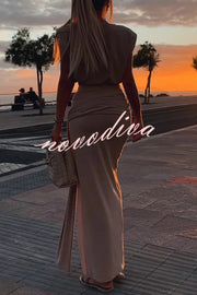 Comfortable Stylish Round Neck Sleeveless Casual Top and Elastic Waist Ruched Tie Slit Midi Skirt Set