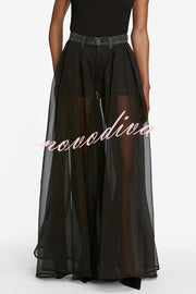 Avant-garde Fashion Denim Flowing Organza Patchwork Pocketed Wide Leg Jeans