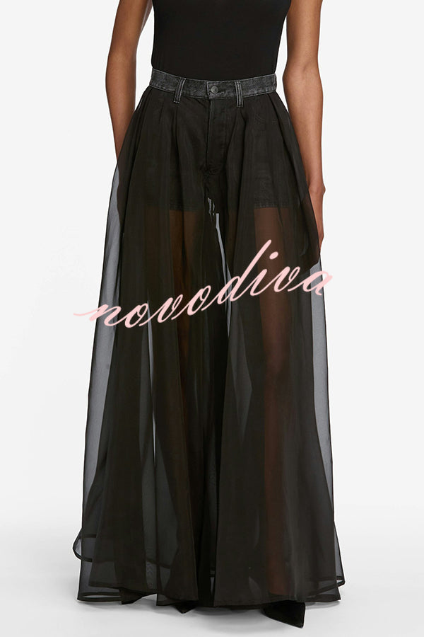 Avant-garde Fashion Denim Flowing Organza Patchwork Pocketed Wide Leg Jeans