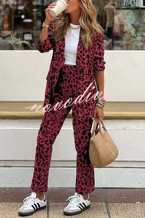 Wild Personality Leopard Pocket Relaxed Lapel Blazer and Elastic Waist Pants Set