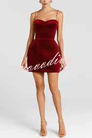 Harley Luxurious Velvet Fabric Jewel-embellished Shoulder Straps Pocket Tulip Mini Dress
