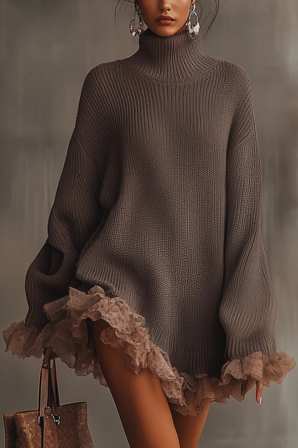 Solid Color Turtleneck Long-sleeved Loose Ruffle Knit Mini Dress