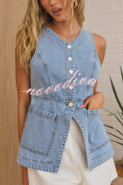 Fashionable Casual Slim Fit Button Pocket Denim Vest