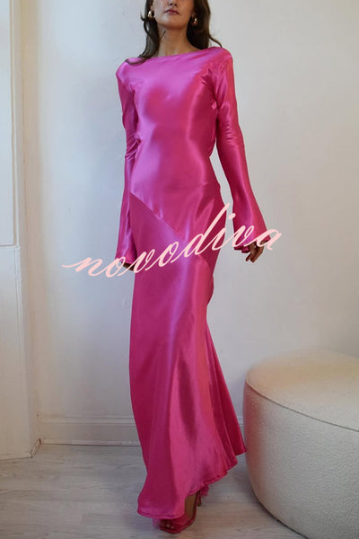 Satin Elegant Long-sleeved Open-back Slim-fit Slit Maxi Dress