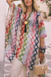 Sun Washed Knit Colorful Zigzag Pattern Asymmetric Hem Loose Cover-ups Kaftan