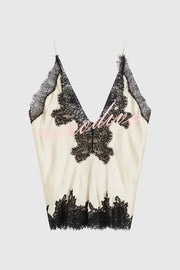 Party Focus Contrast Color Satin Lace Trim V-Neck Slip Tank