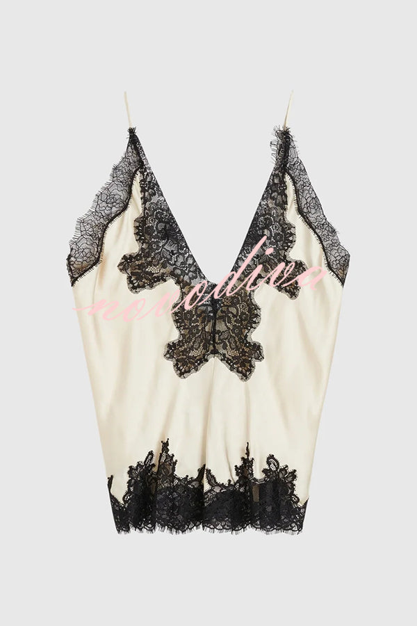 Party Focus Contrast Color Satin Lace Trim V-Neck Slip Tank