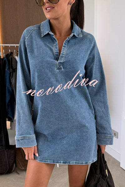 Fashion Lapel Long Sleeve Loose Denim Mini Dress