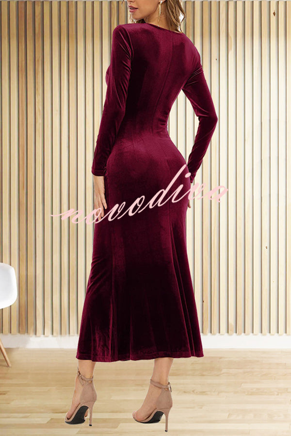 Solid Color Velvet Long Sleeve V-neck Slim Fit Fishtail Maxi Dress