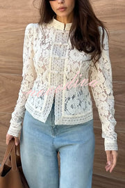 Fashion Hollow Lace Stand Collar Long Sleeve Slim Shirt
