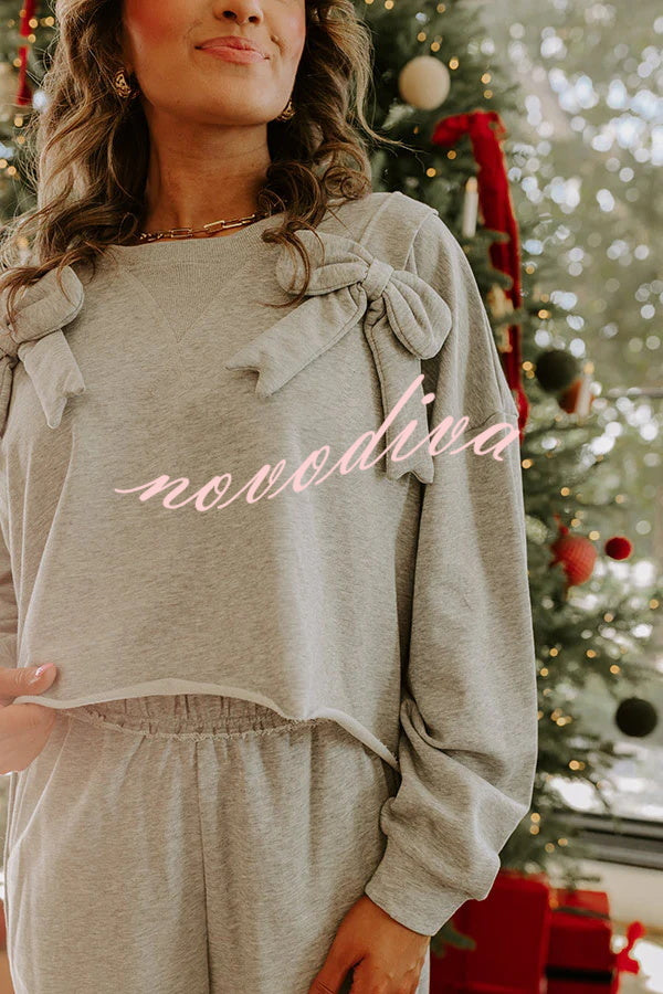 Dear Daydream Loose Bow Tie Long-Sleeved Sweatshirt and Elastic Waist Pocket Pants Set