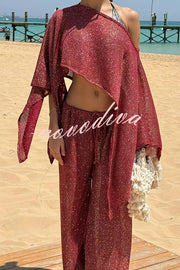 Vacation Knit Shiny Fabric Batwing Sleeve Cape Top and Cover-up Elastic Waist Loose Pants Set