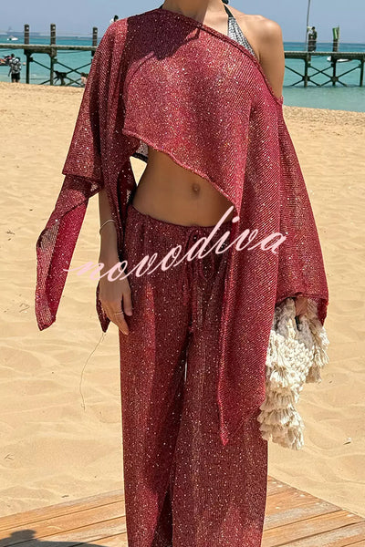 Vacation Knit Shiny Fabric Batwing Sleeve Cape Top and Cover-up Elastic Waist Loose Pants Set