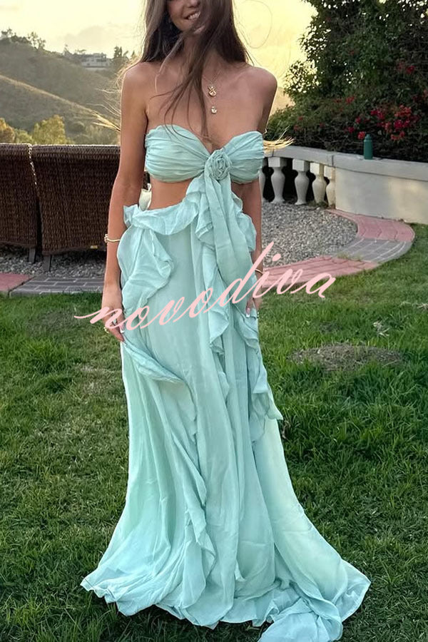 Gorgeous Vacation Halter Rose Detail Cut Out Ruffles Backless Maxi Dress