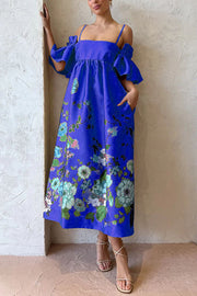 Sweetest Marigold Print Gathered Sleeve Pocketed A-line Midi Dress