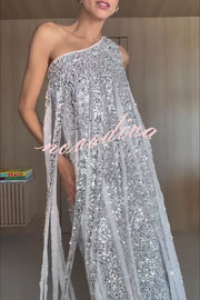 Holiday Muse Sequined Slit Tassels One Shoulder H-line Maxi Dress