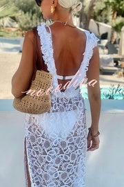 Swimsuit Partner Floral Lace Elastic Waist Back Ruffles Slit Vacation Dress