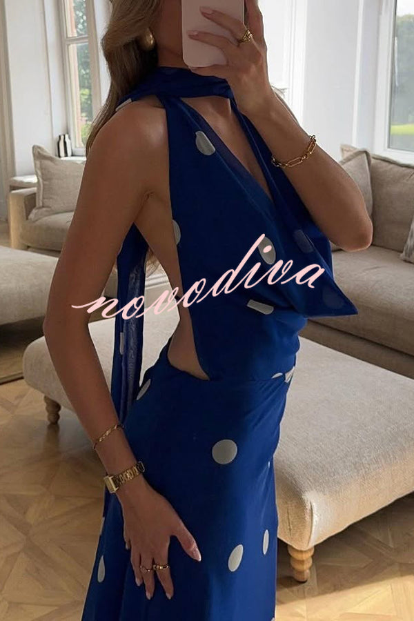Fashion Polka Dot Print Sexy Halter Neck Backless Maxi Dress