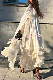 Fashionable V-neck Lace-up Ruffled Double-layer Hem Maxi Dress