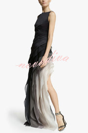 Elegant and Mysterious Tulle Gradient Cascading Design Gown Maxi Dress