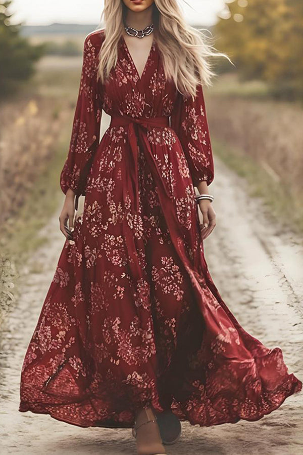 Floral Print V-neck Long-sleeved Fitted Waist Tie Maxi Dress