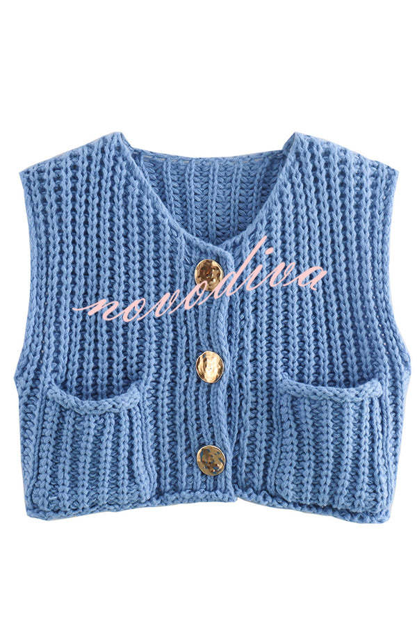 Solid Color Sleeveless Pocket Knitted Vest