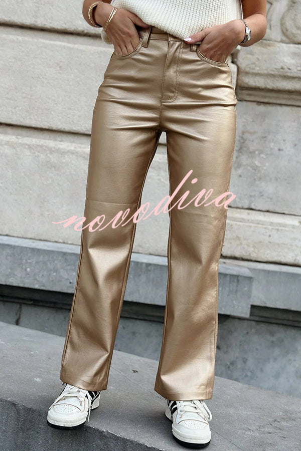 Stylish Metallic Fabric Pocket Casual Straight Wide-Leg Pants