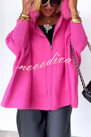 Warm Call Knit Long Sleeve Zipper Plush Hooded Pocket Loose Cardigan