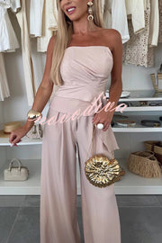 Elegant Solid Color Asymmetric Ruffles Bandeau Top and High Waist Wide Leg Pants Set