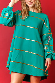 Christmas Candy Sequin Loose Long Sleeve Casual Mini Dress