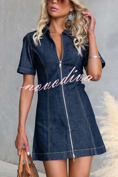 Street Chic Denim Shirt Neck Front Zip-up Stretch Mini Dress