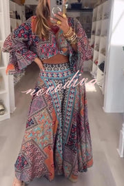 Unique Boho Ethnic Print Balloon Sleeve Crop Top and Elastic Waist Wide-leg Pants Set