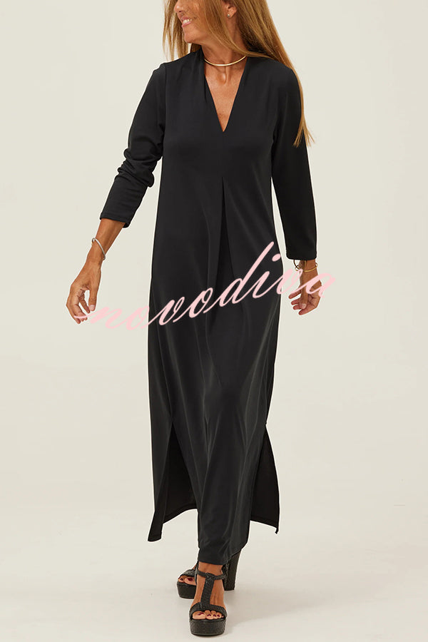 Solid Color V-neck Casual Slit Maxi Dress