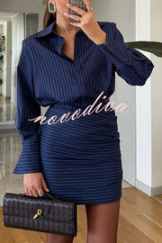 Simple and Sexy Stripe Print Long Sleeve Ruched Hem Shirt Mini Dress