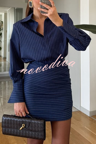 Simple and Sexy Stripe Print Long Sleeve Ruched Hem Shirt Mini Dress